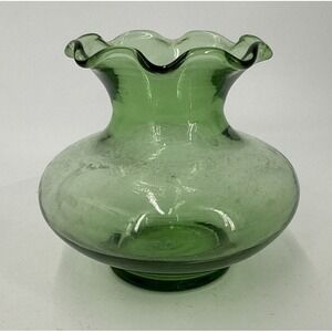 Vintage Anchor Hocking Green Glass Small Ruffled Edged Bud Vase Mid-Century
